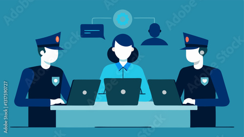 Team Collaboration A group of police officers gathered around a table with laptops discussing findings from facial recognition software and displaying images.
