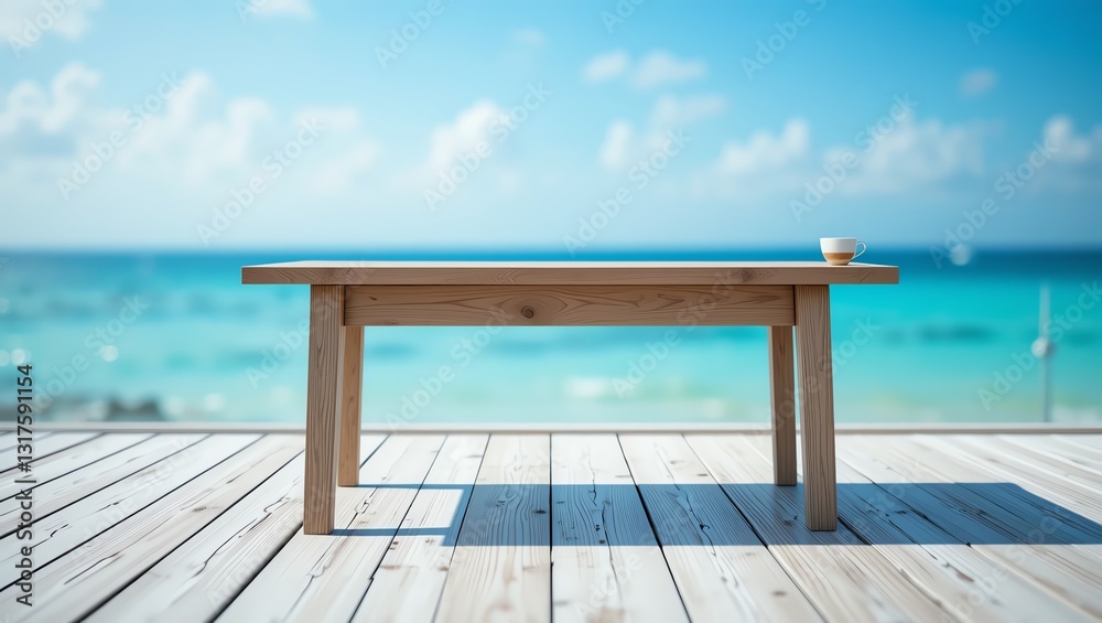 A serene wooden table overlooking a tranquil beach, perfect for relaxation and outdoor dining experiences. A serene wooden table overlooking a tranquil beach, perfect for relaxation and outdoor dining experiences.