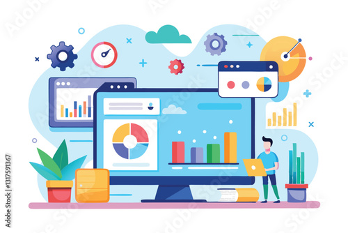 A digital workspace featuring a large monitor displaying colorful graphs and charts, showcasing site statistics, Site stats Customizable Flat Illustration