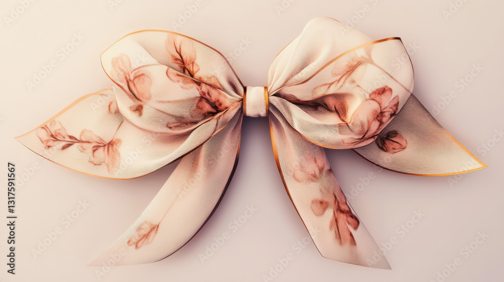 A hand-painted satin ribbon bow with gentle floral patterns, featuring a soft, flowing texture and refined golden edges A hand-painted satin ribbon bow with gentle floral patterns, featuring a soft, flowing texture and refined golden edges