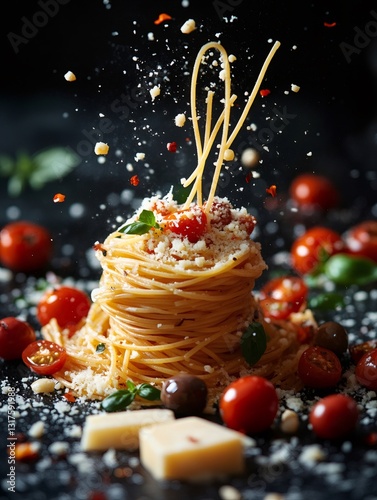 Delicious italian spaghetti with parmesan, cherry tomatoes, olives and basil falling