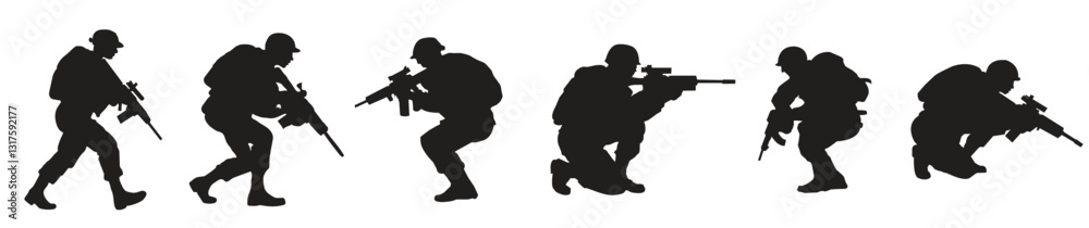 Military Soldier Silhouette Set – Tactical Combat Poses, Black and White High-Detail Illustrations, Armed Forces, Snipers, Infantry, Special Operations, Battle-Ready Stances, Warfare Action Graphics Military Soldier Silhouette Set – Tactical Combat Poses, Black and White High-Detail Illustrations, Armed Forces, Snipers, Infantry, Special Operations, Battle-Ready Stances, Warfare Action Graphics