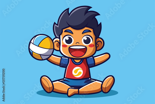 A cheerful cartoon character is excitedly playing sitting volleyball while holding a vibrant ball, Sitting volleyball Customizable Cartoon Illustration