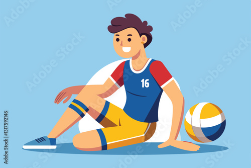 A cheerful volleyball player sits on the floor with a ball beside him, ready for action and fun, Sitting volleyball Customizable Cartoon Illustration