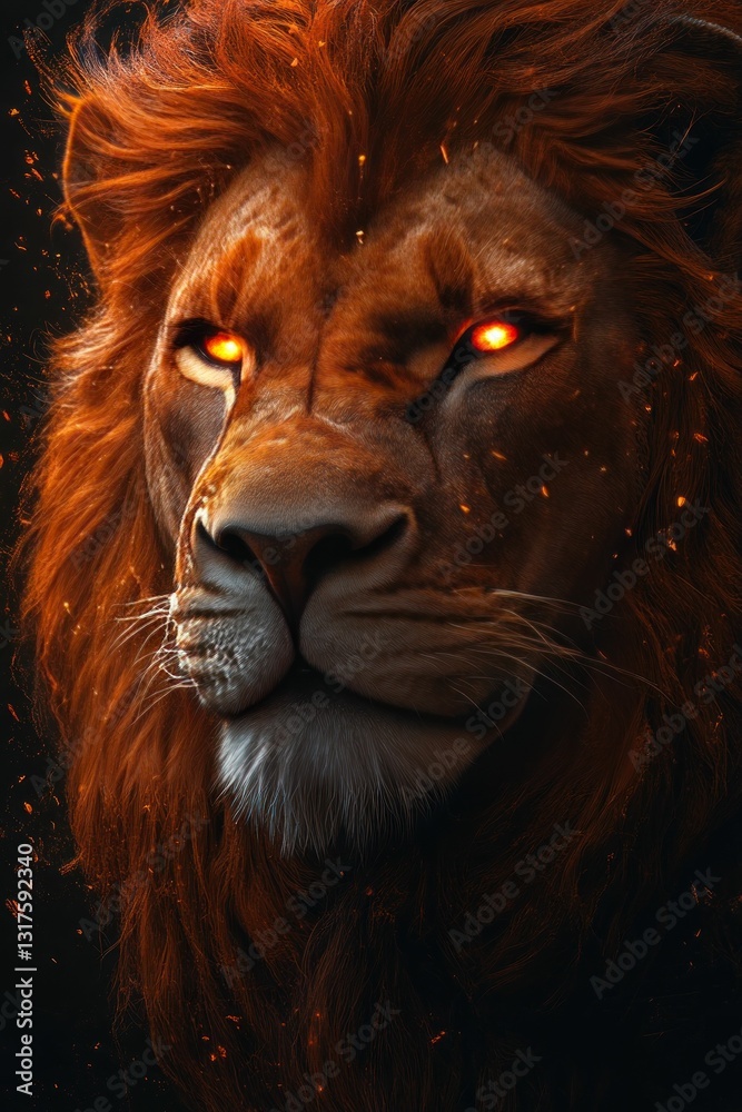 Naklejka premium Fiery lion portrait intense gaze majestic mane