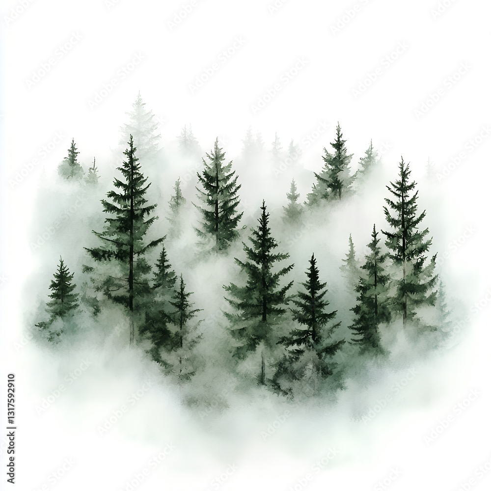 Fototapeta premium Watercolor Misty Pine Forest