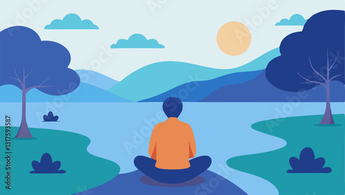 Relaxing by a Lake A person sitting peacefully by a calm lake surrounded by overhanging trees reflecting on the waters with gentle ripples suggesting tranquility.