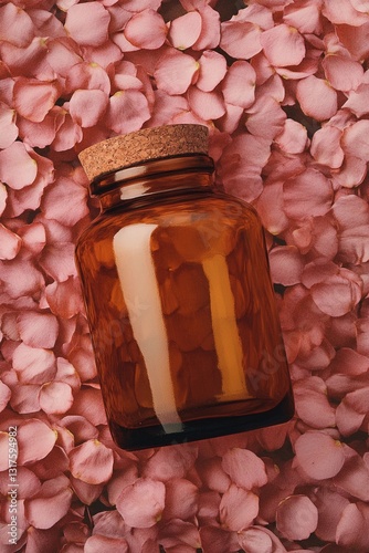 Amber glass jar lies on rose petals. Top view
