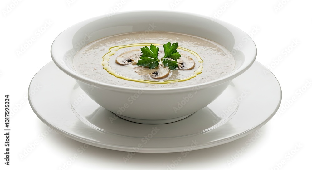 Mushroom Soup Bowl with Parsley and Oil Drizzle on White Background Mushroom Soup Bowl with Parsley and Oil Drizzle on White Background