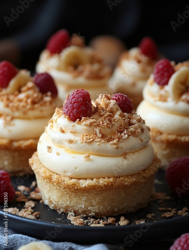 Delicious mini cheesecakes with whipped cream, raspberries, banana and crumble topping