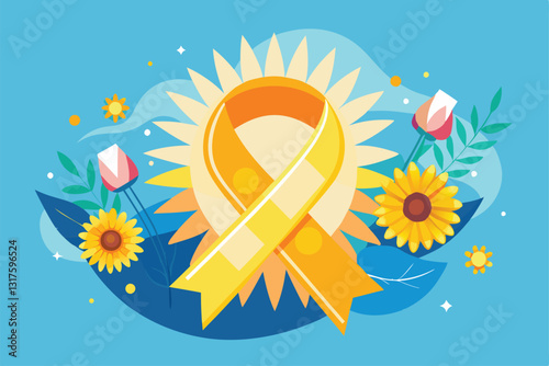 A vibrant yellow ribbon is framed by colorful flowers, symbolizing support for skin cancer awareness initiatives, Skin Cancer concept,