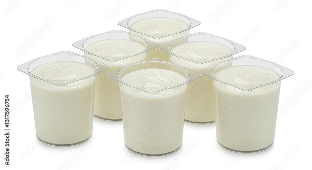 Arrangement of Yogurt Cups with Clear Lids on White Background Arrangement of Yogurt Cups with Clear Lids on White Background