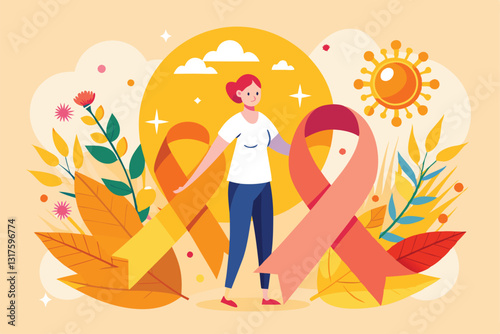 A woman stands among colorful ribbons and plants, promoting skin cancer awareness and early detection efforts, Skin Cancer concept,