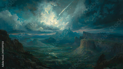 Night landscape, meteor shower over mountains, valley river, dark sky, fantasy art, ideal for fantasy, sci-fi backgrounds