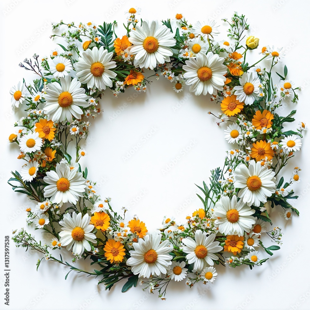 Obraz premium A vibrant floral wreath composed of daisies and wildflowers, perfect for spring-themed designs, weddings, and celebrations of new beginnings.