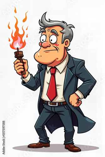 A cartoonish, grumpy-looking detective in a trench coat and red tie, holding a lit torch with a menacing expression.