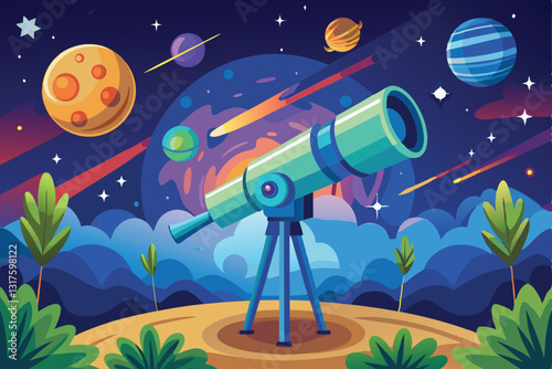 A telescope points toward a vibrant night sky filled with planets and shooting stars, inviting exploration, Sky through Telescope