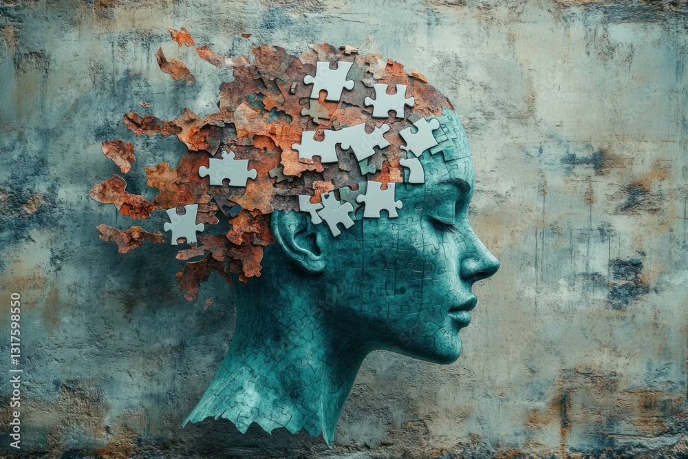 Fototapeta premium Puzzle head fragmented mind serenity teal