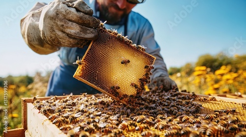A beekeeper carefully handling a honeycomb frame from a beehive, with bees resting on the honeycomb and a clear blue sky in the background 