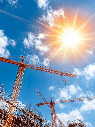 Construction site with two cranes against a bright sunny sky