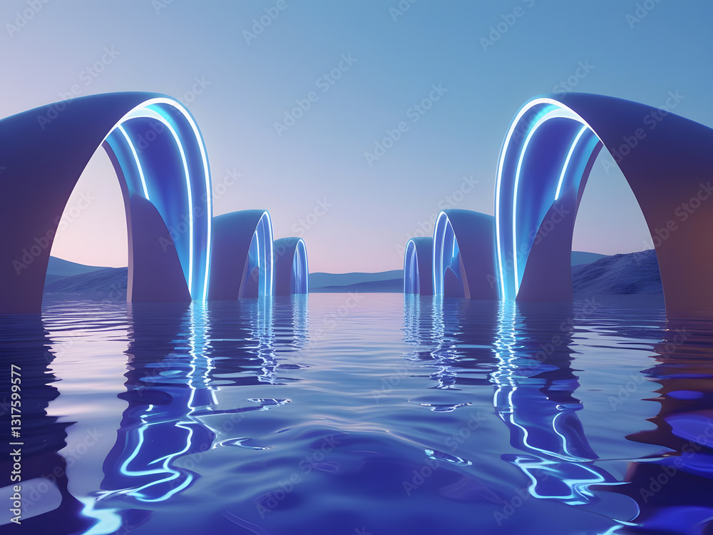 Naklejka premium Abstract Surreal fantasy landscape. Blue dreamscape with lake and geometric mirror under the violet sky. Modern minimal wallpaper. 3d render of a waved service symbol on the background of sea