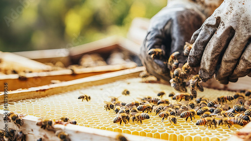 A beekeeper carefully handling a honeycomb frame from a beehive, with bees resting on the honeycomb and a clear blue sky in the background 