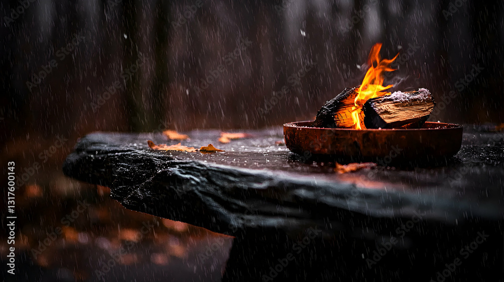 A burning fire in a bowl on a wooden surface under rainfall