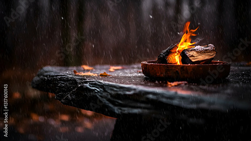 Obraz na płótnie A burning fire in a bowl on a wooden surface under rainfall w salonie