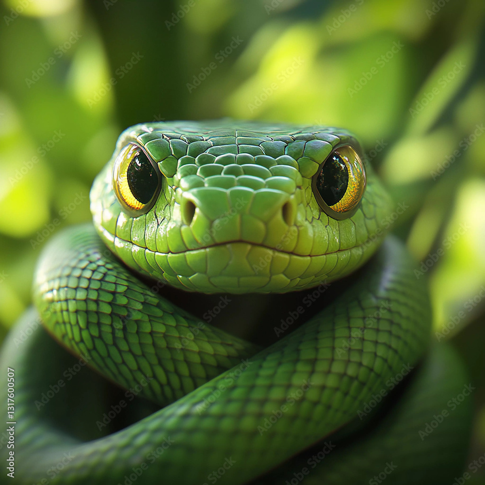 Obraz premium Green snake with striking yellow eyes coiled among lush foliage in a tropical rainforest setting