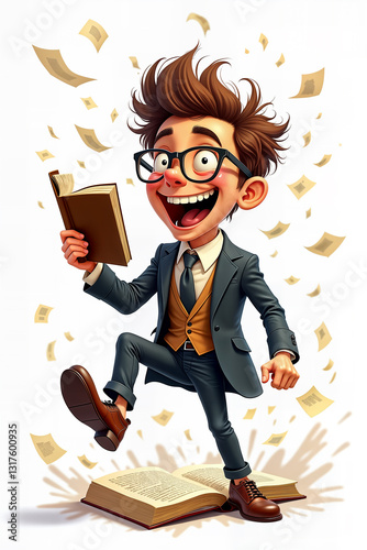 A joyful librarian, illustrated in a whimsical cartoon style, leaps enthusiastically amidst flying book pages, holding a book.