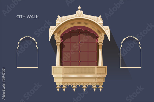 Traditional Rajasthani Window - Intricate Lattice Work - Stock Illustration