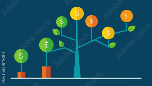 Growing Tree of Stocks A stylized tree with branches labeled as different stocks and fruit shaped like coins symbolizing the growth of dividend income over time.