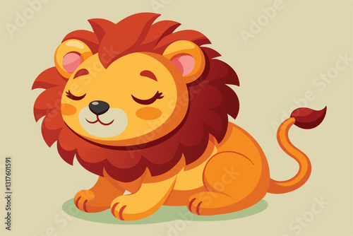 A cute cartoon lion with closed eyes sits comfortably, exuding a sense of tranquility and sleepiness, Sleepy, cute cartoon lion