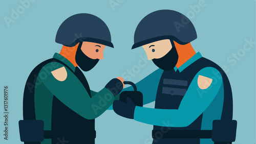 Tactical Gear Check Two officers inspecting each others gear adjusting helmets and ensuring their body armor is securely fastened.