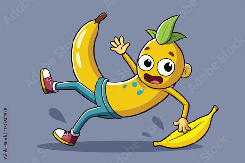 A cheerful cartoon character loses balance while slipping on a banana peel, showcasing a fun, lighthearted moment, Slipping with a banana Customizable Cartoon Illustration