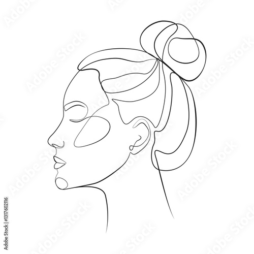 Head of a young woman with hair in a bun one line drawing on white isolated background, side view
