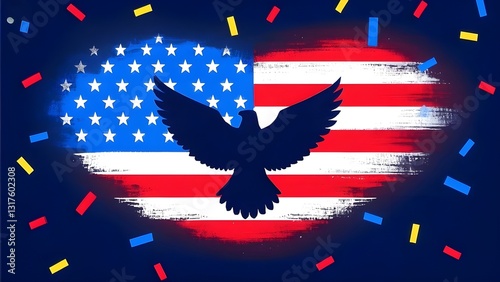 A modern 4th of July clipart design with a bold eagle silhouette, stars, and stripes in patriotic colors, accented by glowing light effects and confetti, set against a crisp backdrop