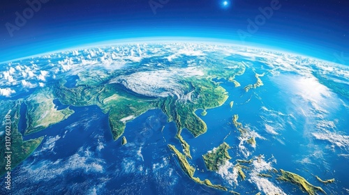 Aerial view of Asia showcasing vibrant landscapes and oceans under a clear blue sky with clouds