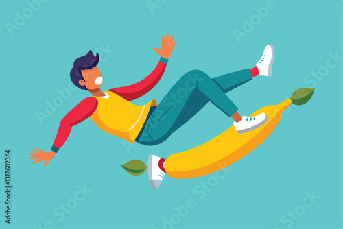 A young individual humorously slips on a banana peel with a surprised expression while dressed playfully, Slipping with a banana Customizable Semi Flat Illustration