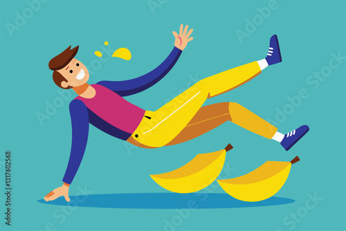 A man loses his balance and slips on a banana peel in a lighthearted cartoon environment, Slipping with a banana Customizable Semi Flat Illustration