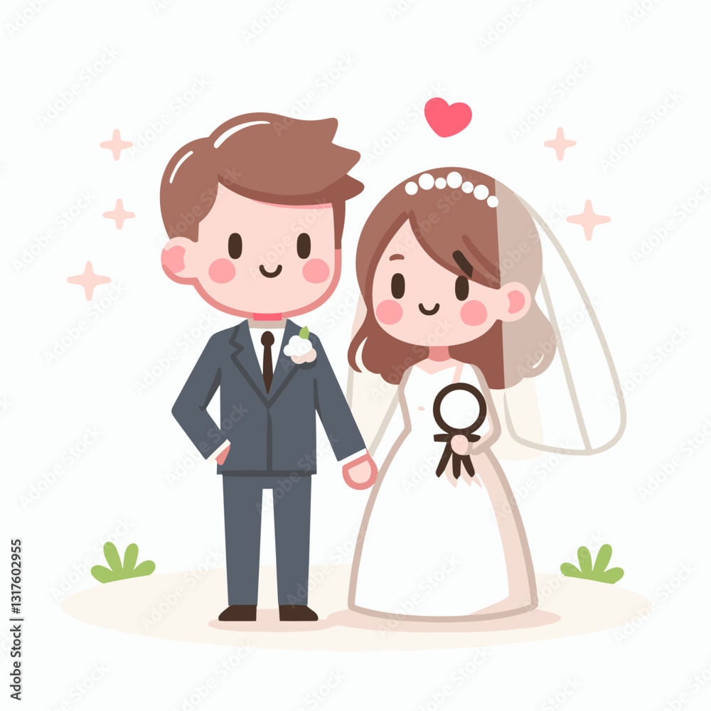 Charming cartoon wedding couple portrait with romantic and playful vibe Charming cartoon wedding couple portrait with romantic and playful vibe