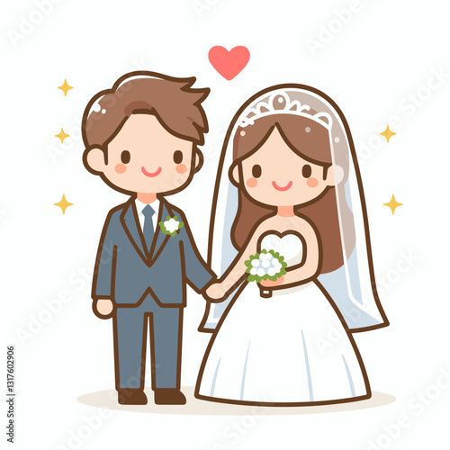 Charming cartoon illustration of a newlywed couple celebrating their love