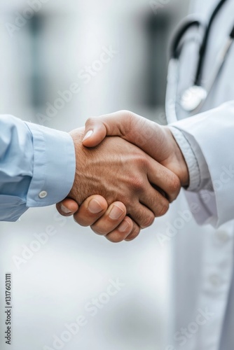 Doctor or nurse shakes hands with a male patient during visit to the hospital clinic. The handshake symbolizes professional medical care, trust, and the importance of patients healthcare.