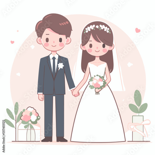 Charming cartoon illustration of a newlywed couple celebrating their love