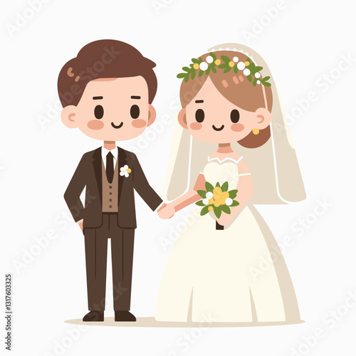 Cartoon wedding couple holding hands, isolated on white backdrop illustration