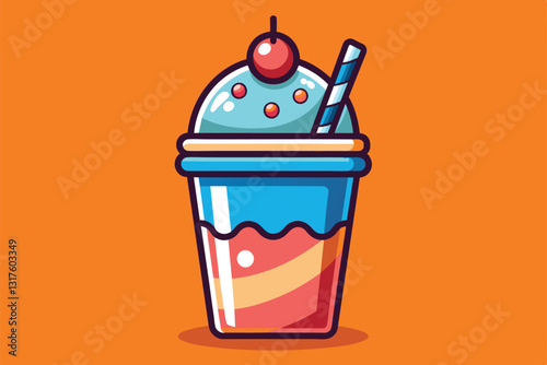 A whimsical cartoon representation of a slush drink topped with a cherry and a straw, showcasing bright colors, Slush Customizable Cartoon Illustration