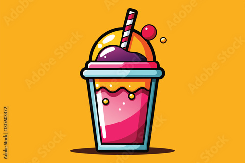 A fun cartoon depiction of a colorful slush drink featuring layers of vibrant flavors and toppings, Slush Customizable Cartoon Illustration