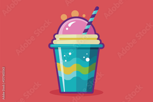 A vibrant slush drink in a decorated cup, featuring colorful layers and a straw, perfect for warm days, Slush Customizable Flat Illustration