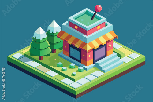 A colorful slush shop features a playful design with trees and a winding pathway in an isometric layout, Slush Customizable Isometric Illustration