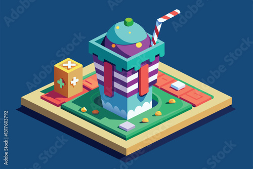 A vibrant isometric design showcases a tall slush drink tower with playful colors and shapes, Slush Customizable Isometric Illustration